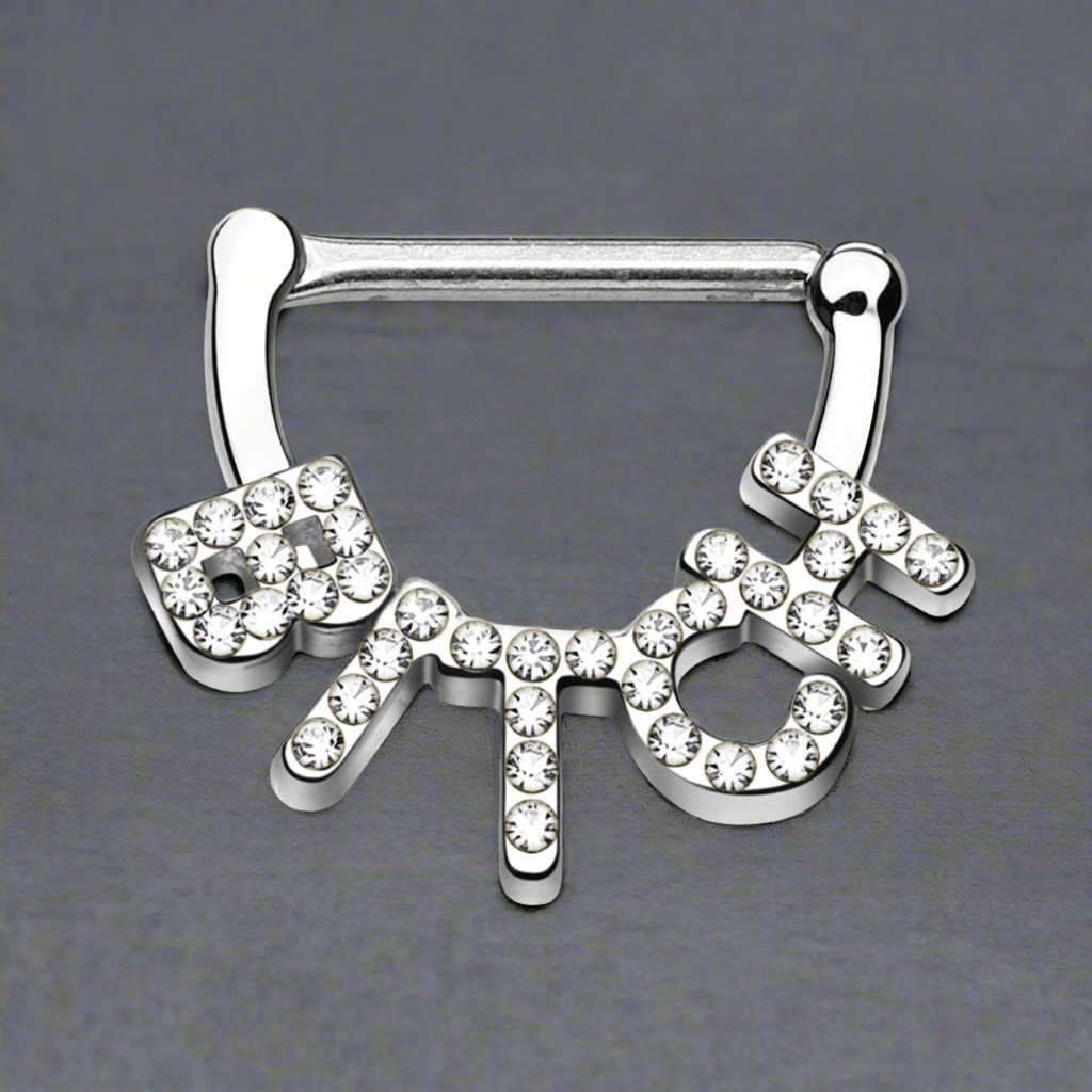 Surgical Steel Hinged Clicker Nipple 14 Gauge CZ Paved Bitch - Pair - Kruelty - Photo 2