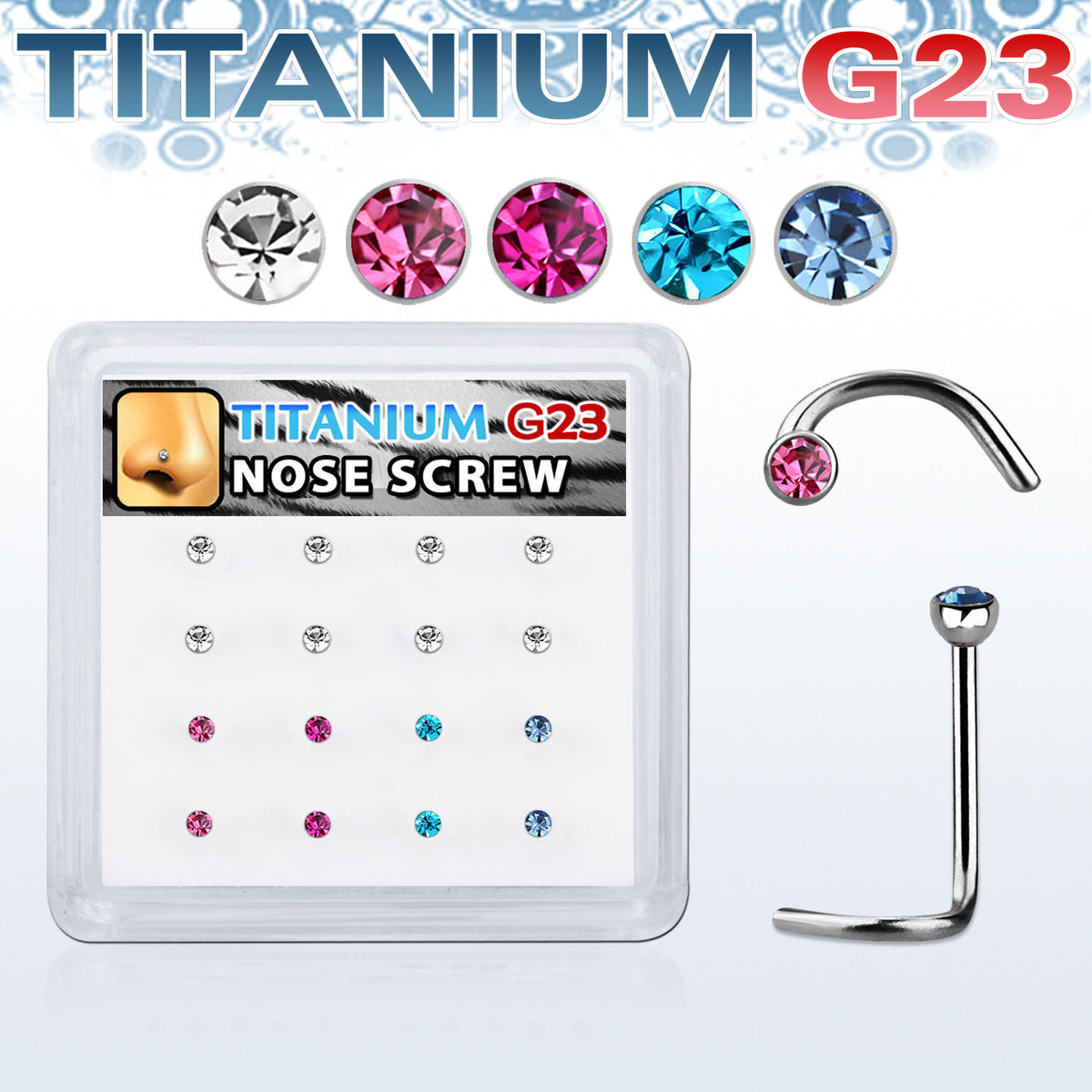 Titanium Nose Screw Studs 20 Gauge with Press-Fit 2mm Gems - 16 Pack - photo 4