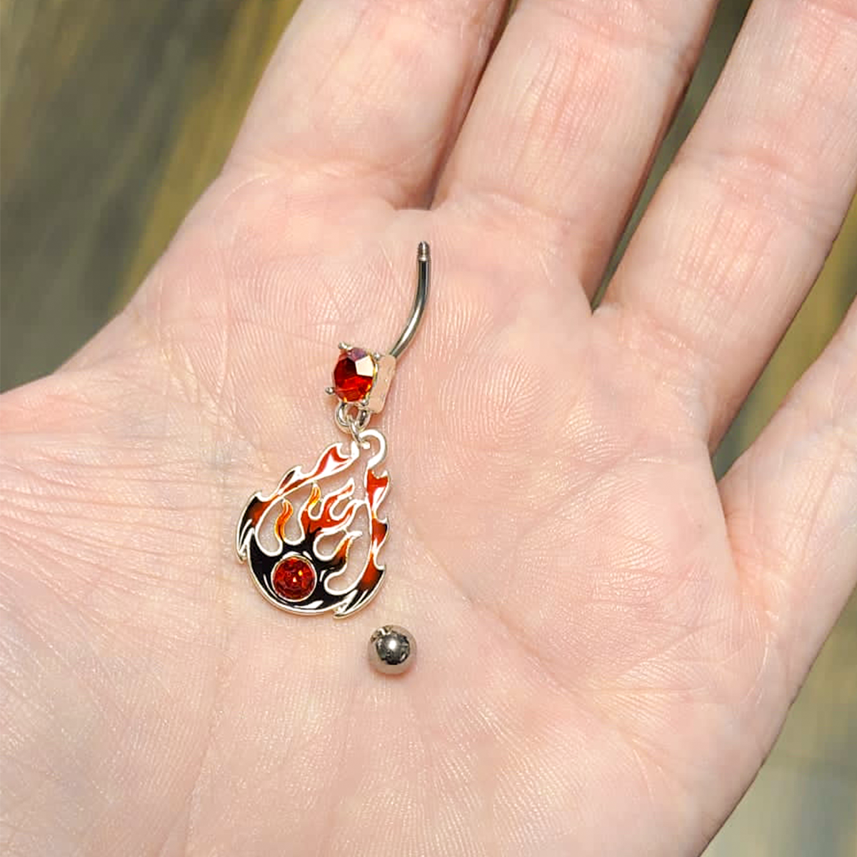 Surgical Steel 14 Gauge Belly Ring with Red CZ Tribal Flames Dangle - photo 3
