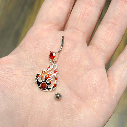 Surgical Steel 14 Gauge Belly Ring with Red CZ Tribal Flames Dangle - photo 3