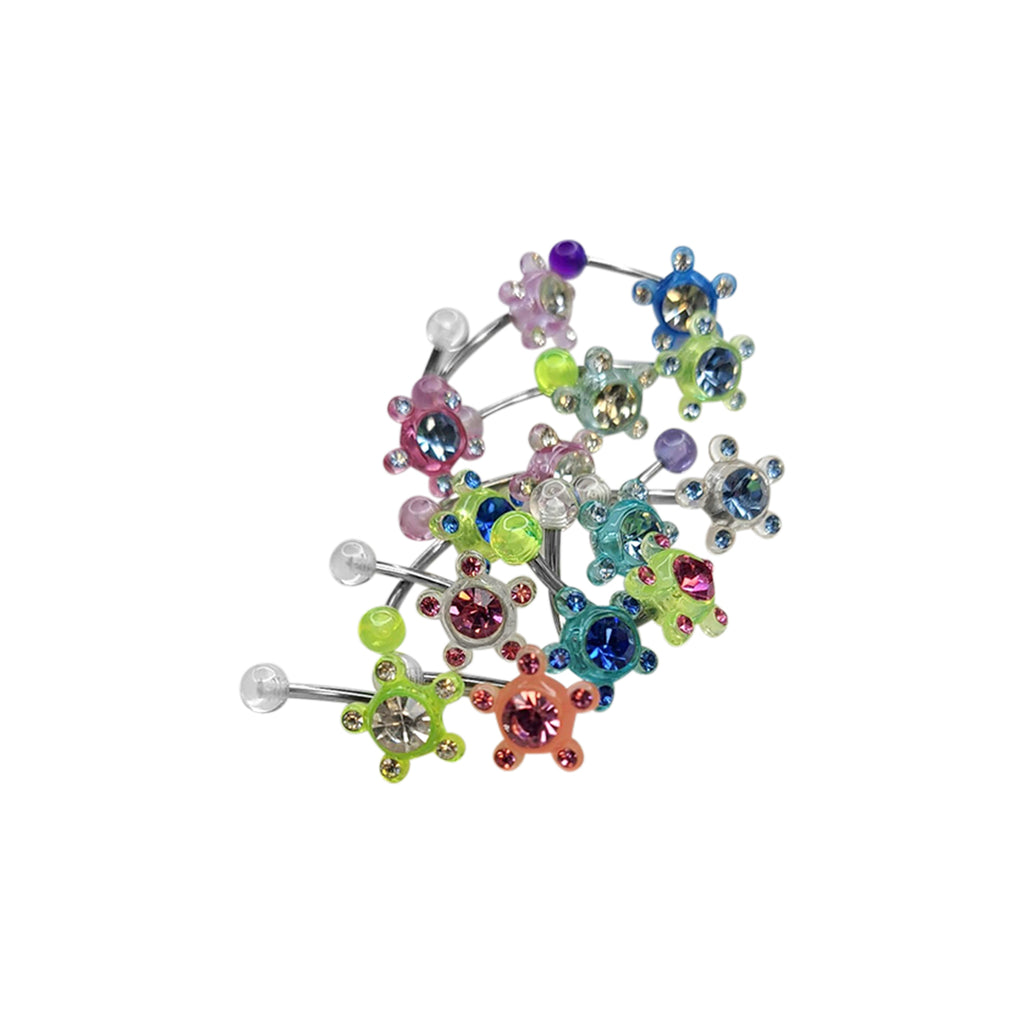 Surgical Steel & Acrylic 14G Flower CZ Belly Navel Rings - 6 Pack