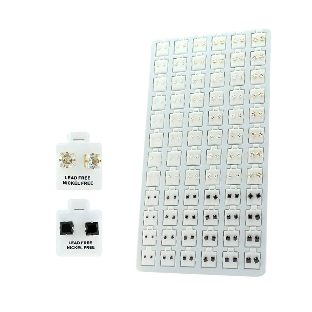 Surgical Steel Square CZ Stud Earrings Clear & Black Set - 72 Pairs