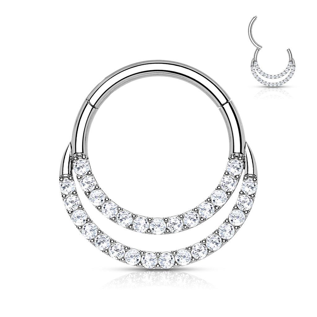 14K Solid Gold Hinged Segment Hoop Front Facing Double Line CZ