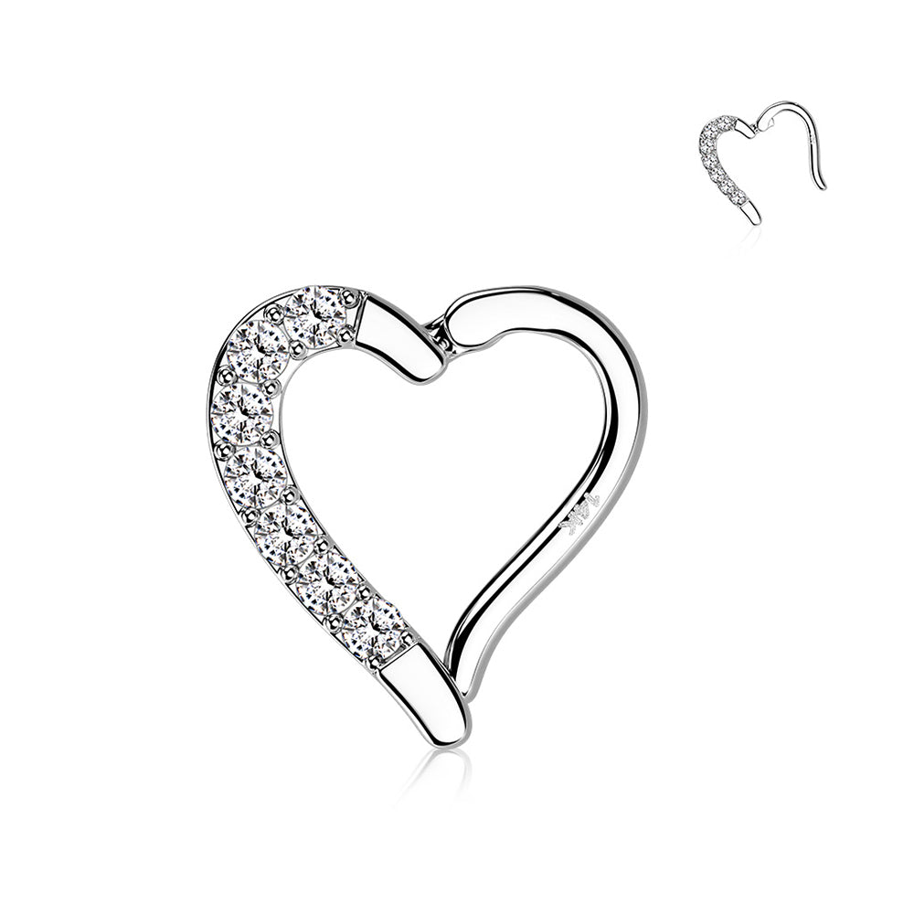 14K Solid Gold 16 Gauge Hinged Hoop Ring with CZ Heart - photo 2