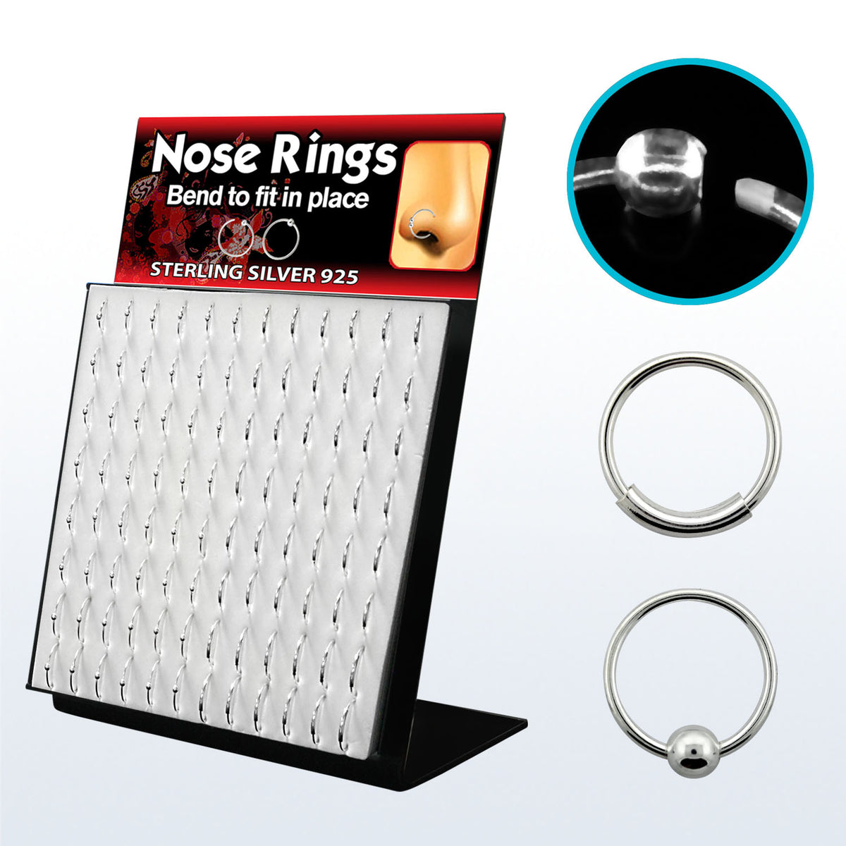 .925 Sterling Silver 22 Gauge Nose Hoops Display - 96 Pack