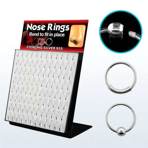 .925 Sterling Silver 22 Gauge Nose Hoops Display - 96 Pack