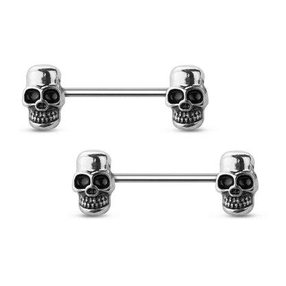 Surgical Steel Straight Barbell Nipple Ring 14 Gauge with Skull - Pair