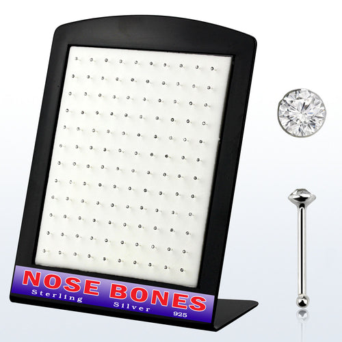 .925 Sterling Silver 22G Clear Gem Nose Bone Studs Display - 120 Pack