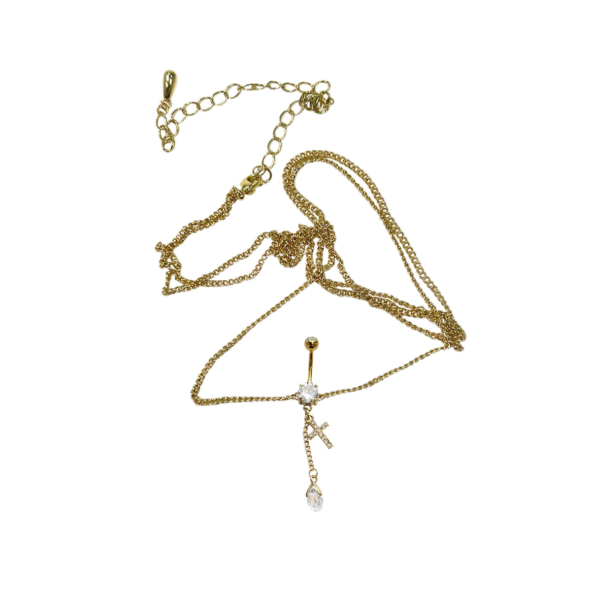 Surgical Steel Belly Ring 14G 11mm with Gold Chain & CZ Teardrop - photo 2