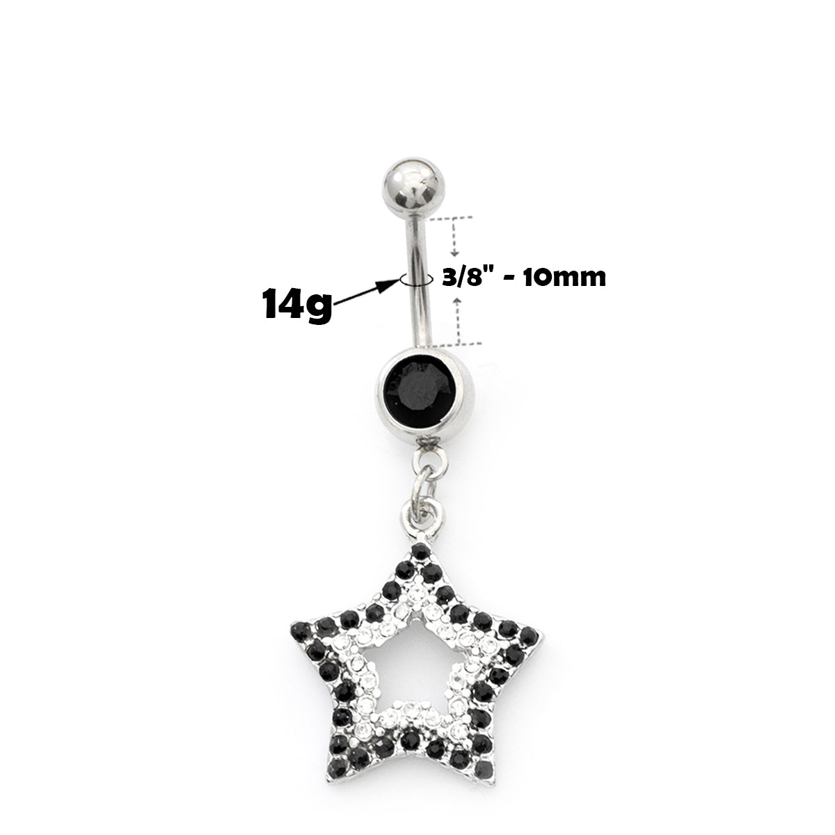 Surgical Steel 14 Gauge Belly Ring with Black Paved CZ Star Dangle - photo 2