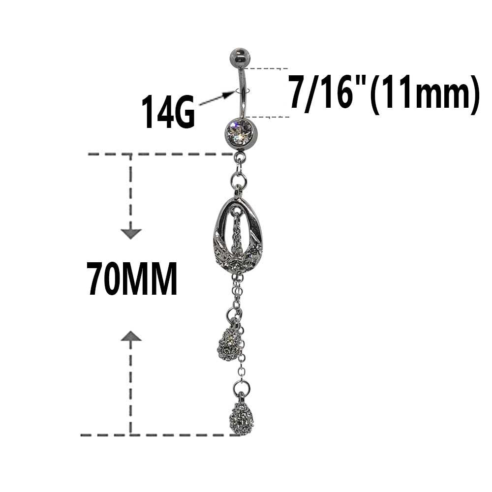 Surgical Steel 14 Gauge Belly Ring with Dangling Paved CZ Teardrops - photo 2