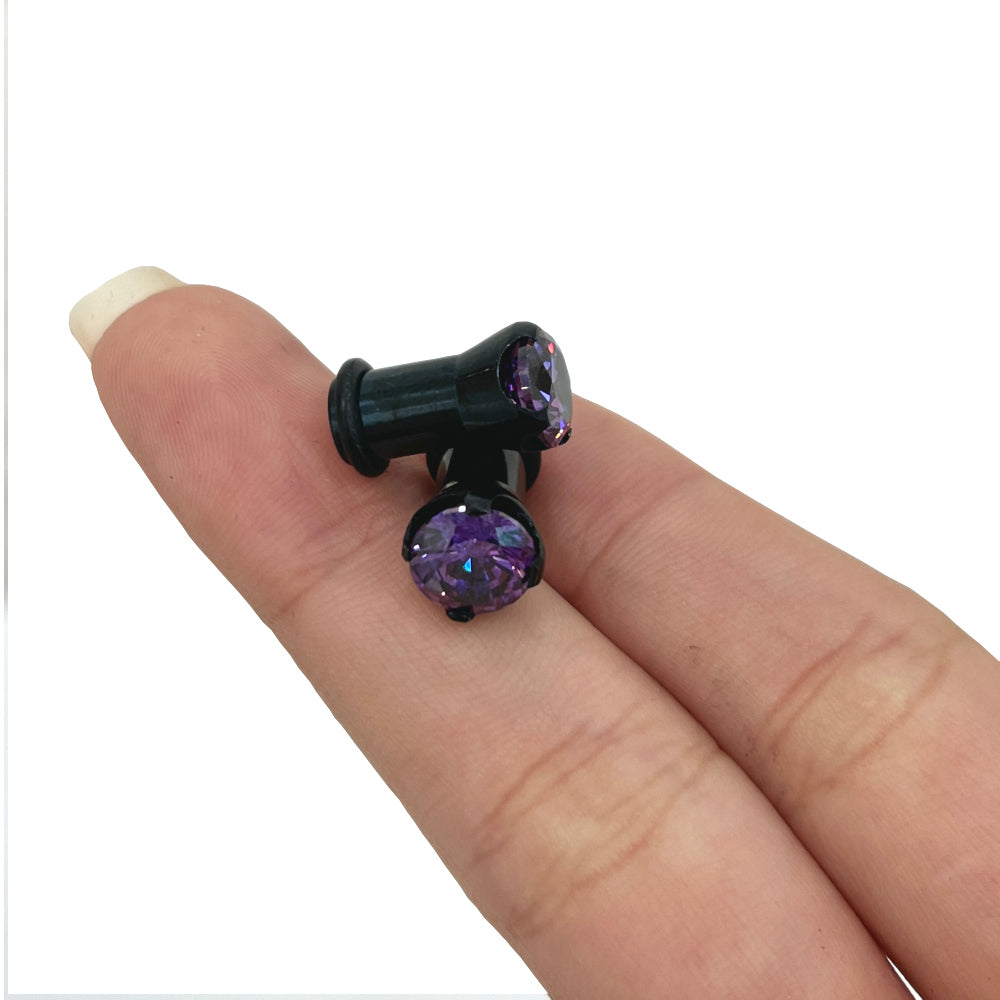 Surgical Steel Single Flare Ear Plugs with PVD Black CZ - Pair - photo 5