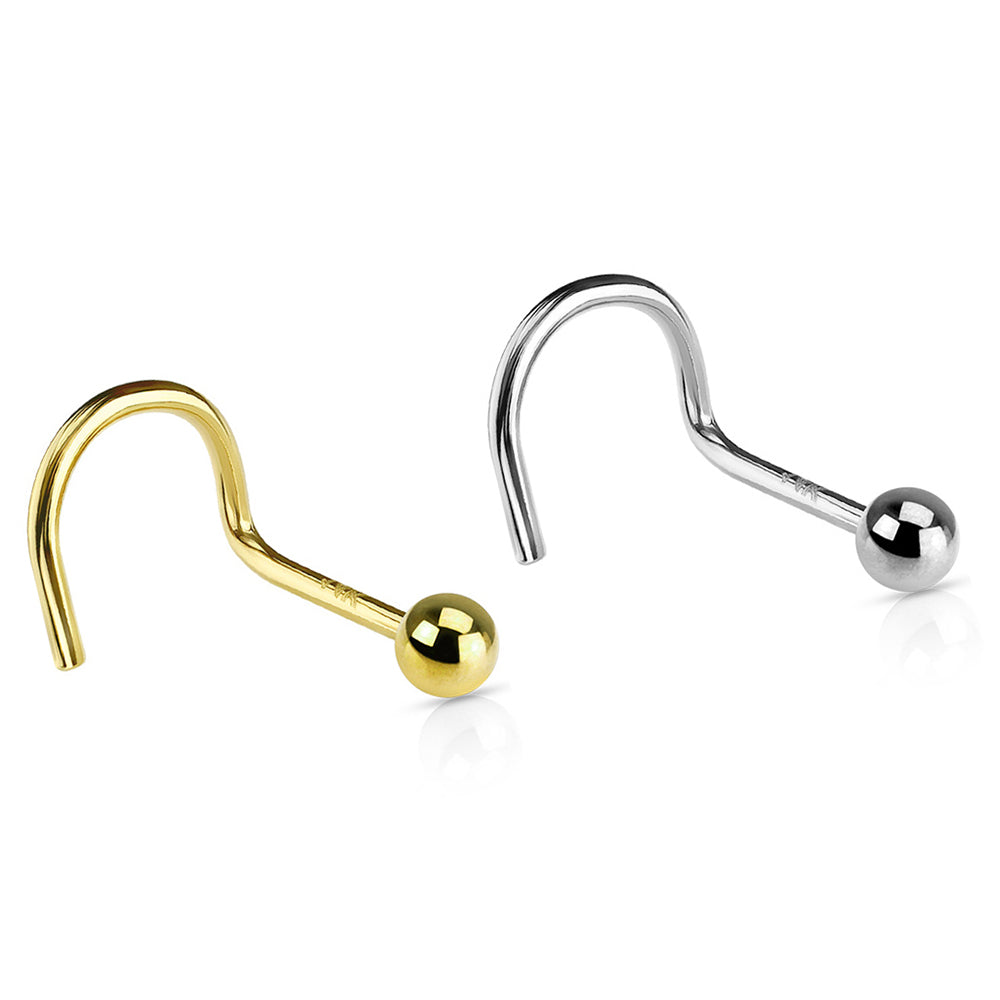14K Solid Gold 18 and 20 Gauge Corkscrew Nose Ring with 2mm Ball