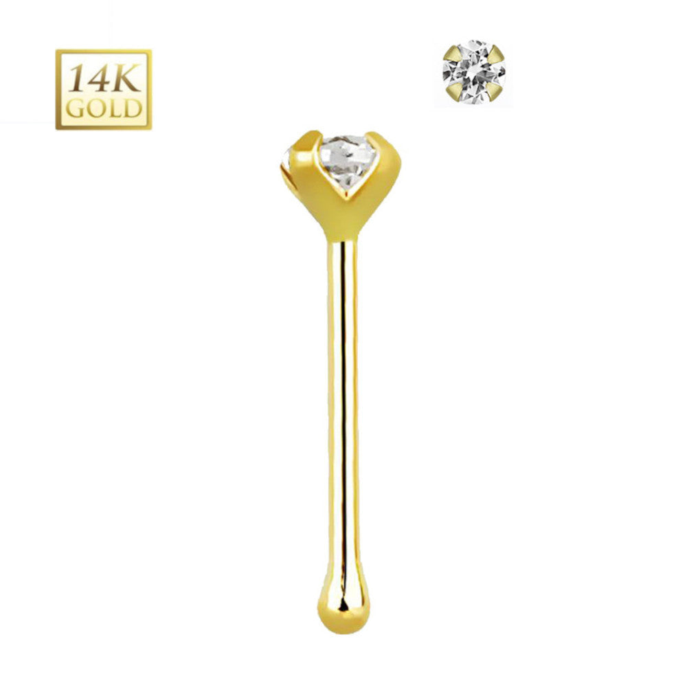 14K Solid Yellow Gold Nose Bone Stud 22 Gauge 6mm with Clear CZ