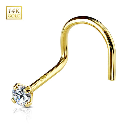 14K Solid Yellow Gold Nose Screw 22 Gauge 6mm with 2mm Clear CZ
