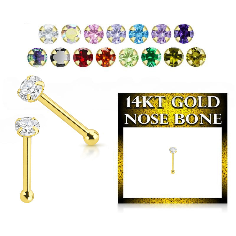 14K Solid Gold Nose Bone Stud 22G 6mm with CZ Top - photo 3