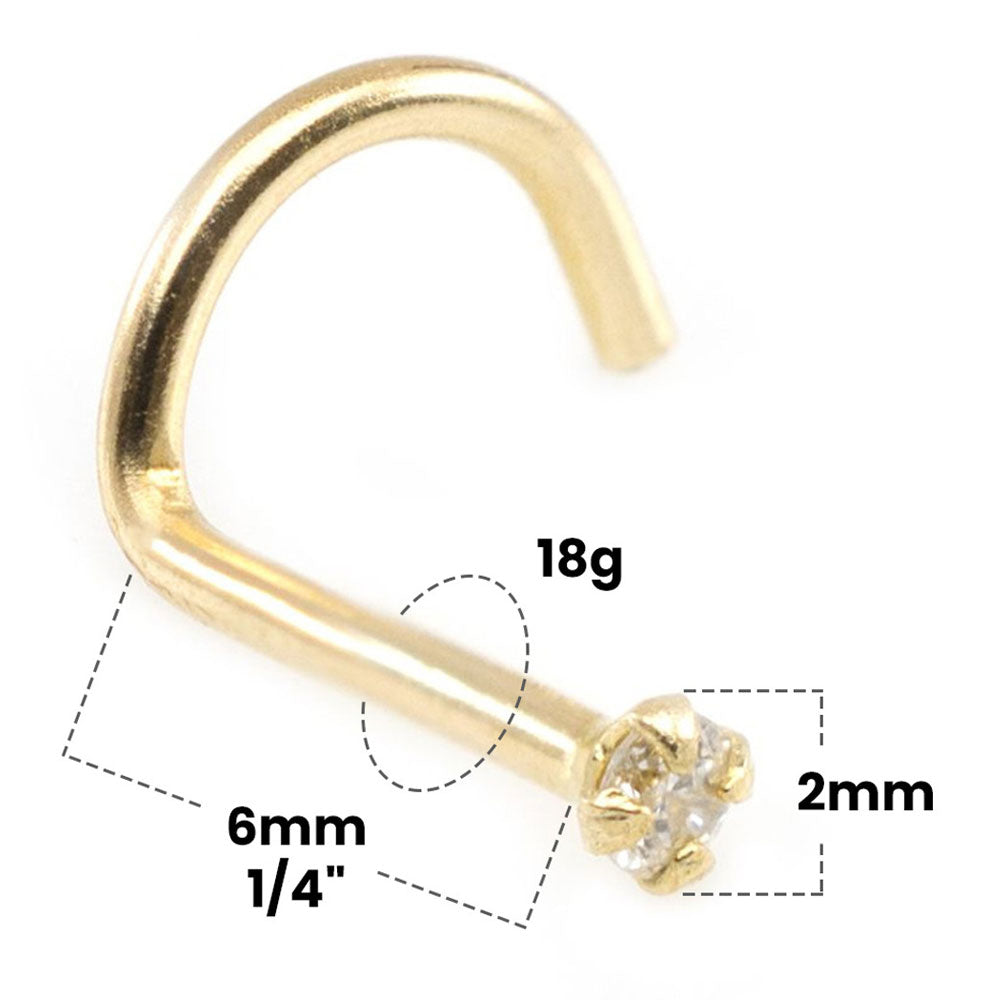14K Solid Gold 18 Gauge Corkscrew Nose Screw with 2mm Diamond - photo 2