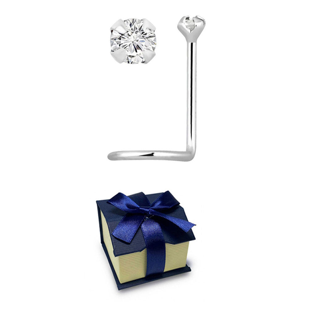 14K Solid White Gold 22 Gauge Nose Screw with 1.5mm Diamond
