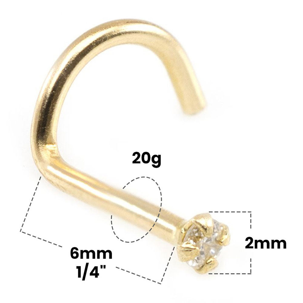 14K Solid Gold 20 Gauge Corkscrew Nose Screw with 2mm Diamond - photo 2
