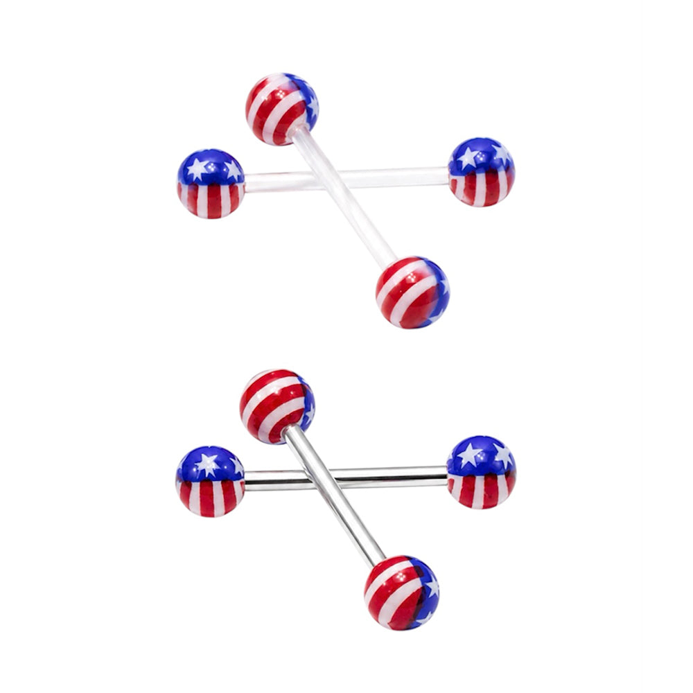 Surgical Steel 14 Gauge Barbell with Acrylic US Flag Balls - Pair