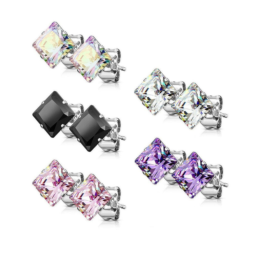 Surgical Steel 22 Gauge Prong Square CZ Stud Earrings - Pair