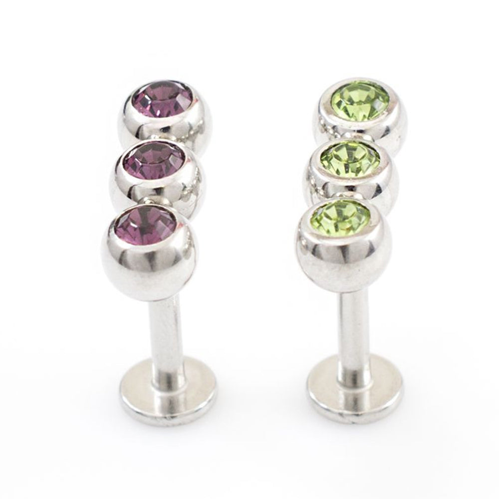 Surgical Steel 14 Gauge Triple CZ Flat Back Labret Studs - Pair