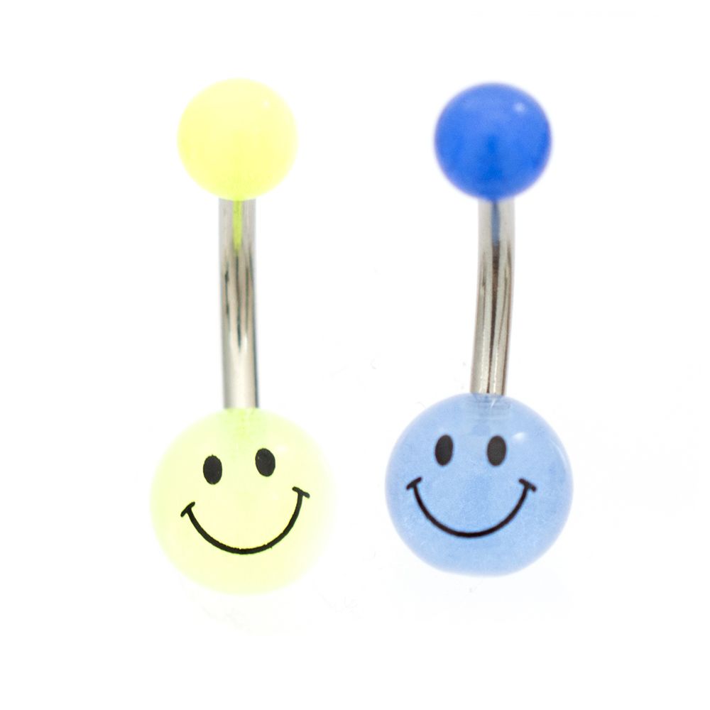 Surgical Steel Glow in the Dark Smiley Face Belly Rings 14G - 2 Pack