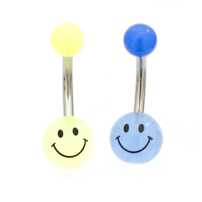 Surgical Steel Glow in the Dark Smiley Face Belly Rings 14G - 2 Pack