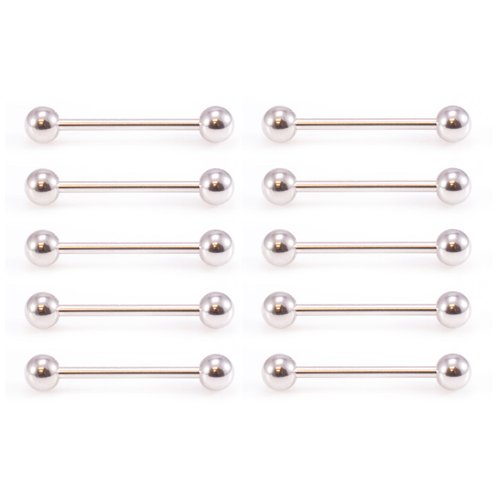 Surgical Steel 10 Gauge Straight Barbells - 10 Pack