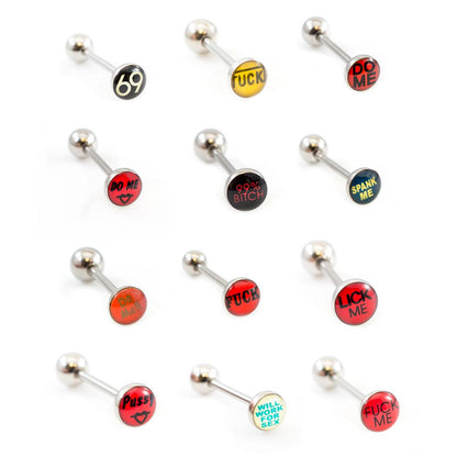 Surgical Steel 14 Gauge Tongue Barbell with Naughty Logo
