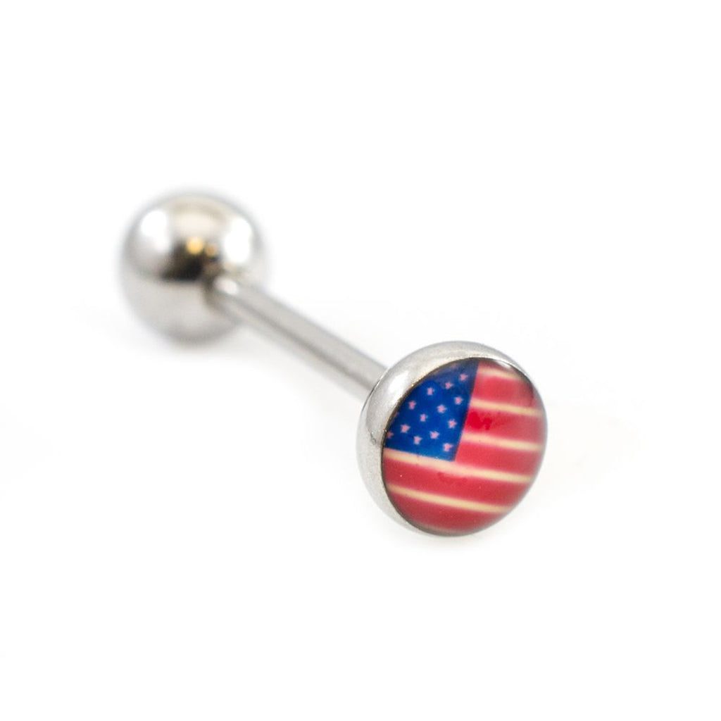 Surgical Steel Tongue Ring Straight Barbell 14 Gauge & USA Flag Logo - Kruelty