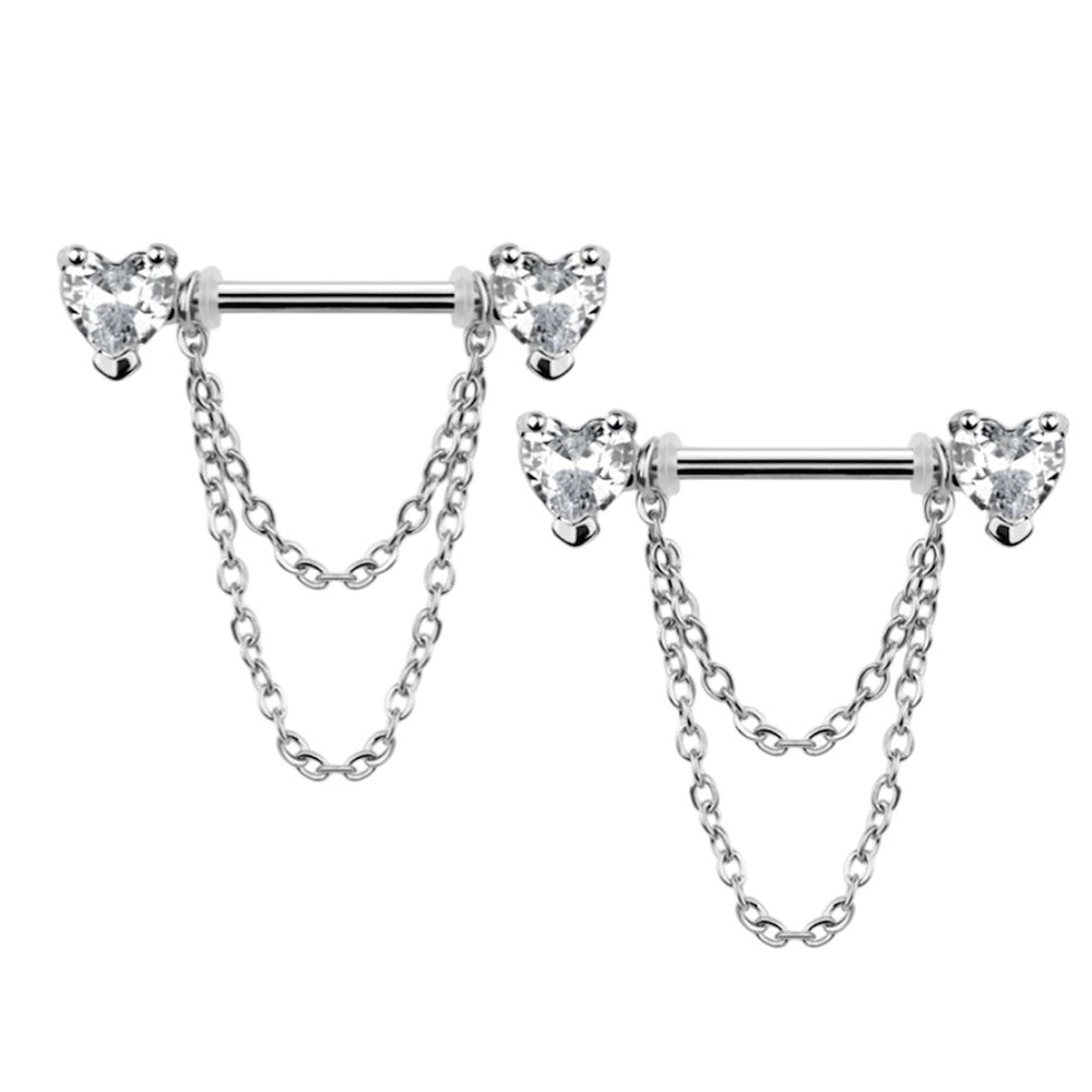 Surgical Steel Nipple Barbell 14G 14mm with CZ Heart Dangle - Pair - photo 3