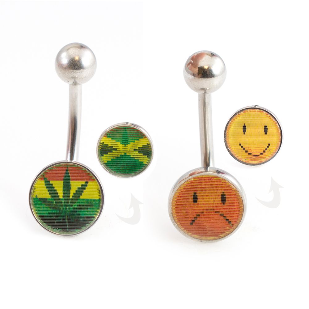 Surgical Steel 14 Gauge Lenticular Emoji & Pot Leaf Belly Rings - Pair
