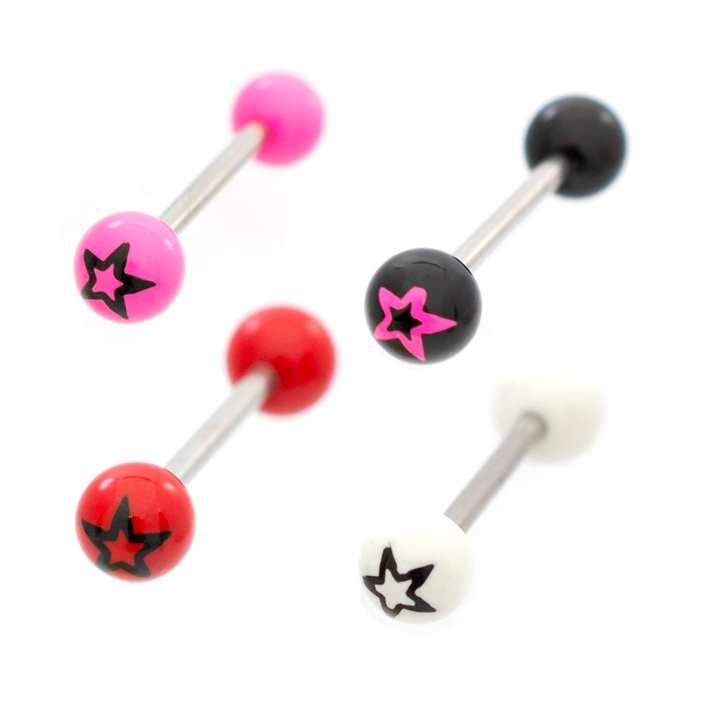 Surgical Steel Tongue Barbells 14G 15mm with Star Balls - 4 Pack