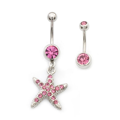 Surgical Steel 14 Gauge Pink CZ Star Dangle & Double Belly Rings