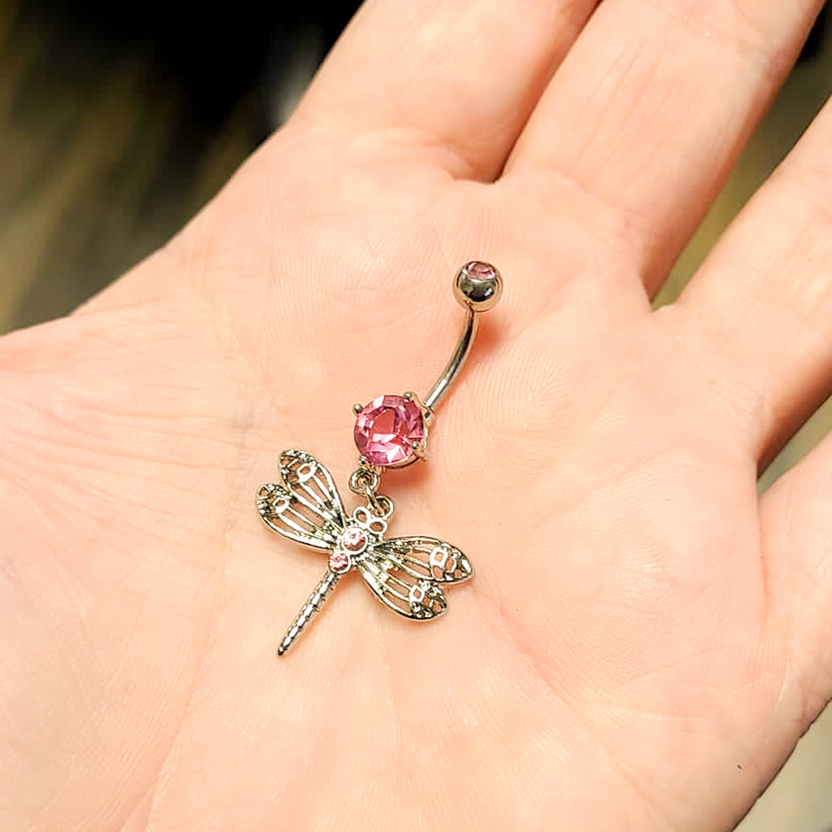 Surgical Steel 14 Gauge Belly Ring with CZ Dragonfly Dangle - photo 5