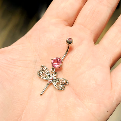 Surgical Steel 14 Gauge Belly Ring with CZ Dragonfly Dangle - photo 5