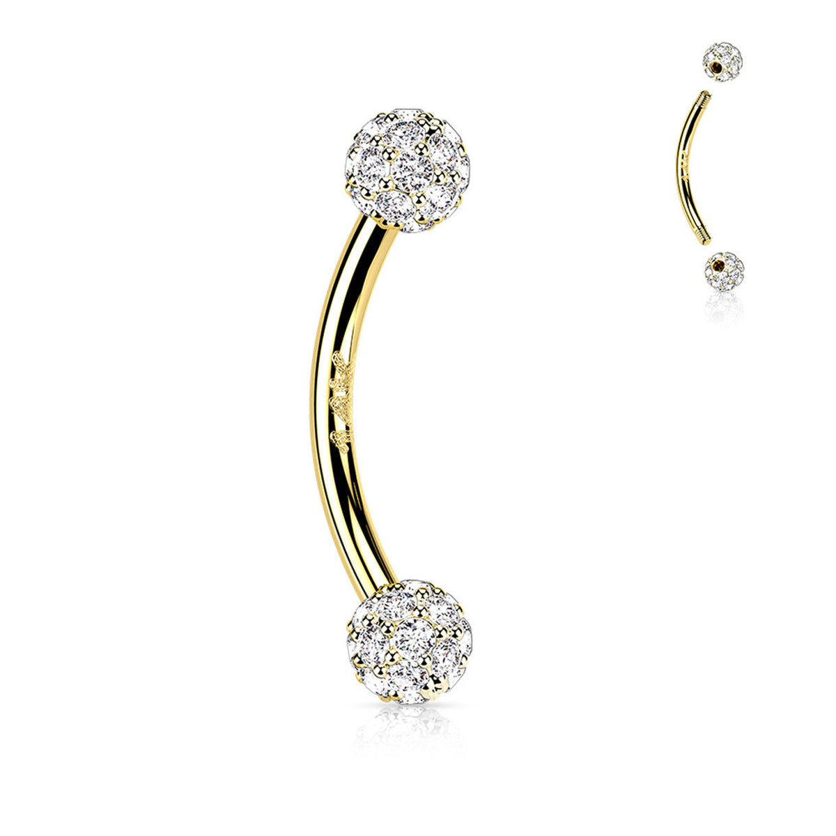 14 Karat Solid Gold Curved Barbell 16 Gauge Eyebrow Gem Paved Ball - Kruelty - Photo 5