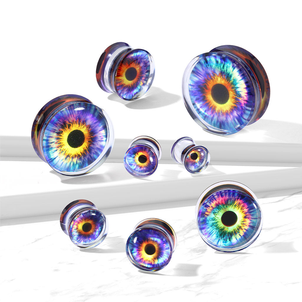 Acrylic Purple Eye Print Clear Saddle Fit Ear Plugs - Pair