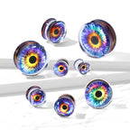 Acrylic Purple Eye Print Clear Saddle Fit Ear Plugs - Pair