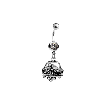 Surgical Steel 14 Gauge Belly Ring with CZ Just Married Dangle - photo 3