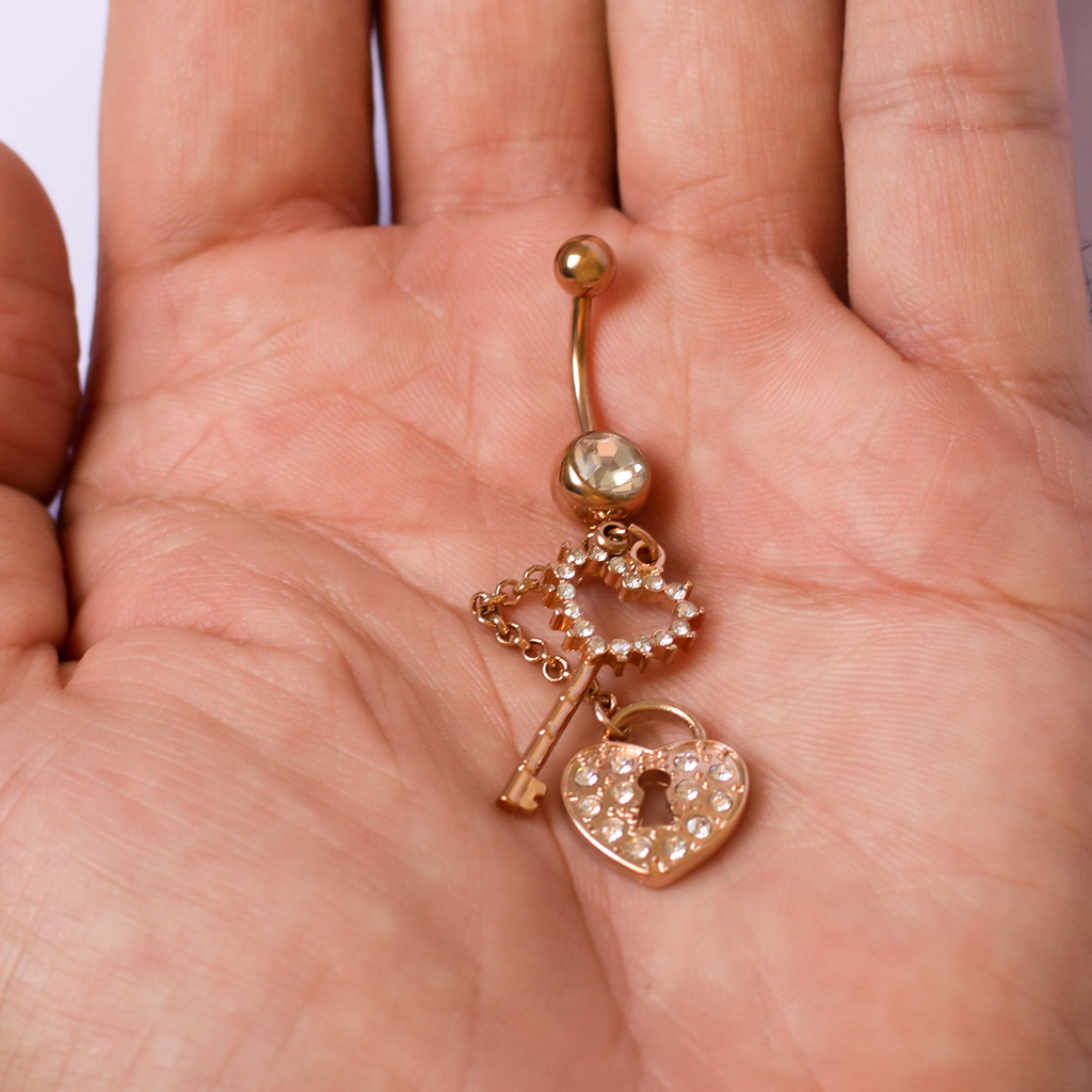 Rose Gold Plated Surgical Steel Lock & Key Dangle Belly Button Ring
