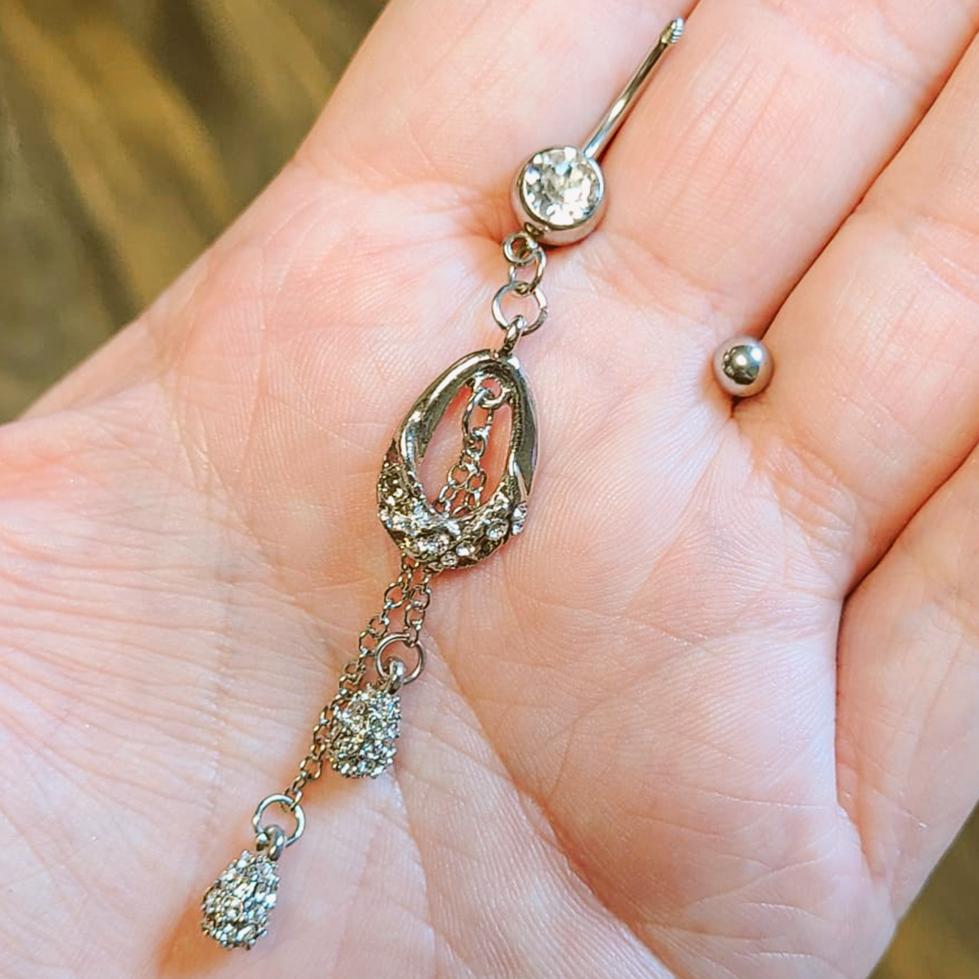 Surgical Steel 14 Gauge Belly Ring with Dangling Paved CZ Teardrops - photo 3