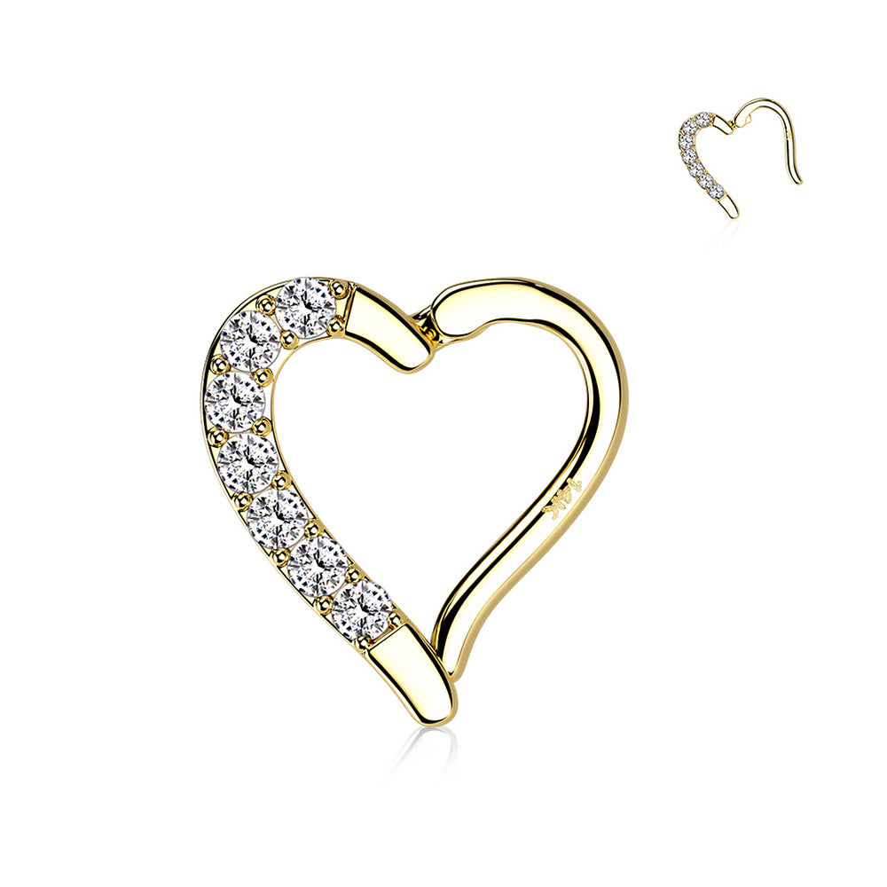 14K Solid Gold 16 Gauge Hinged Hoop Ring with CZ Heart - photo 3