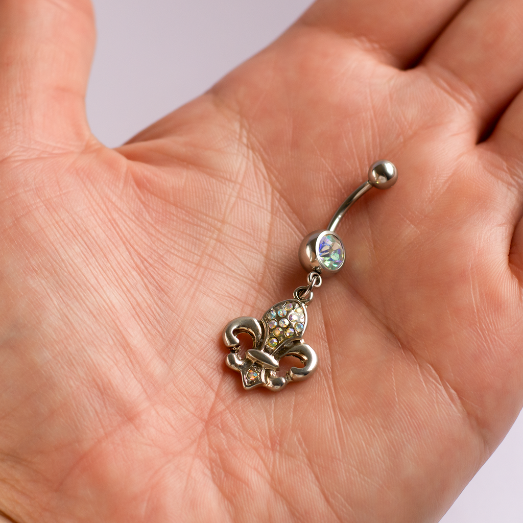 Surgical Steel Fleur De Lis CZ Dangle Belly Button Ring