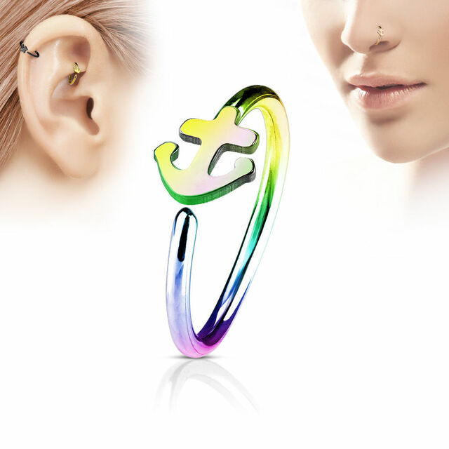 Anodized Surgical Steel 20 Gauge Anchor Charm Nose Hoops - 4 Pack