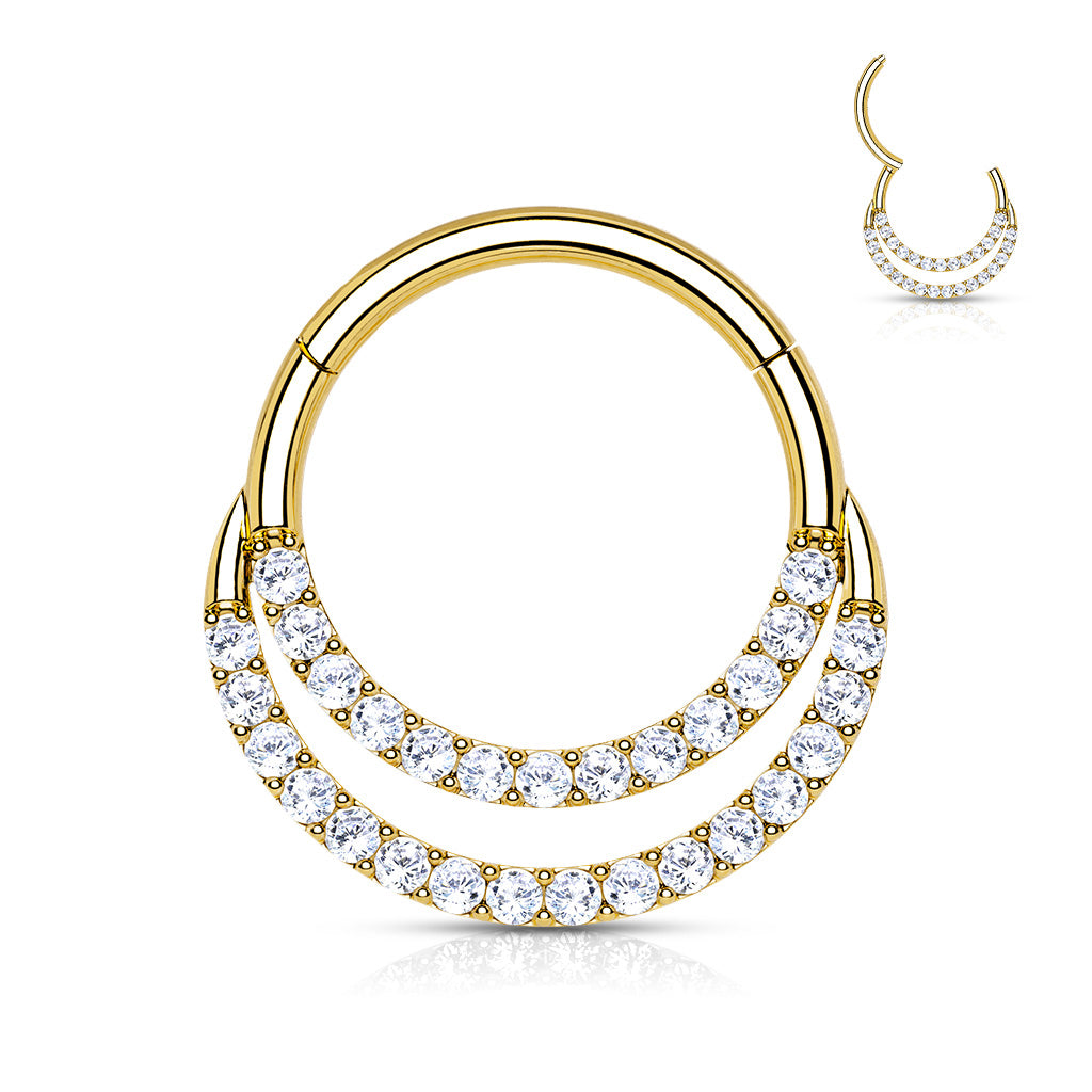 14K Solid Gold Hinged Segment Hoop Front Facing Double Line CZ