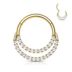 14K Solid Gold Hinged Segment Hoop Front Facing Double Line CZ