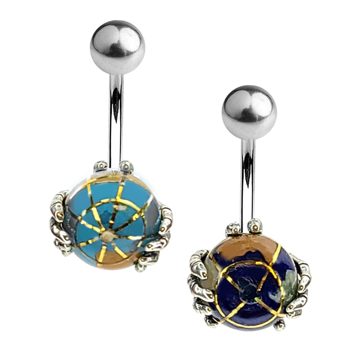 Surgical Steel Belly Button Ring 14 Gauge 7/16" & Skeleton Hand Globe - Kruelty