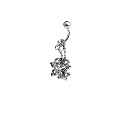 Surgical Steel 14 Gauge Belly Ring with CZ Double Star Chain Dangle - photo 3